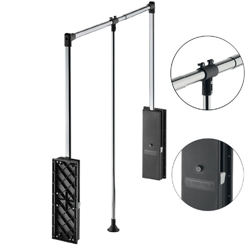 Professional Wardrobe Lift Material: Arm and Clothes rail: SteelHousing and connecting parts: Plastic Finish: Arm and clothes rail: Nickel Plated Colour: Housing and connecting parts: Black Installation: For screw fixing to side panel into 32mm series dri