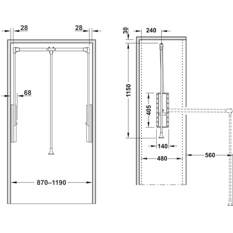 Professional Wardrobe Lift Material: Arm and Clothes rail: SteelHousing and connecting parts: Plastic Finish: Arm and clothes rail: Nickel Plated Colour: Housing and connecting parts: Black Installation: For screw fixing to side panel into 32mm series dri