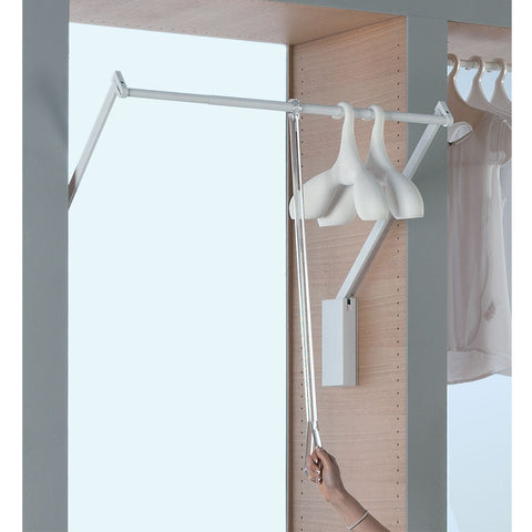 Wardrobe Lift Material: Clothes arm and rail: SteelPull rod, housing and connecting parts: Plastic Finish: WhitePull rod: Transparent Features: Integrated soft opening mechanism Load bearing capacity: 10 kg For internal cabinet width: 560 - 950 mm Install