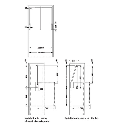 Wardrobe Lift Material: Clothes arm and rail: SteelPull rod, housing and connecting parts: Plastic Finish: WhitePull rod: Transparent Features: Integrated soft opening mechanism Load bearing capacity: 10 kg For internal cabinet width: 560 - 950 mm Install