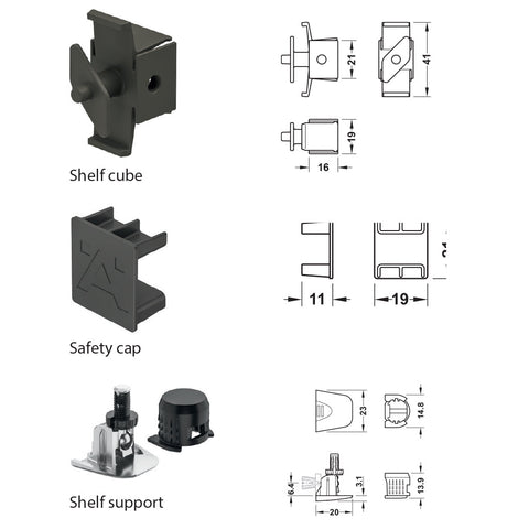 DressCode Shelf Cube Set Area of application: For holding shelves in aluminium frame systems Material: Shelf support: Zinc alloyShelf cube and boss insert: Plastic Finish: Shelf support: GalvanisedBoss insert: Black Installation: For clipping in Supplied
