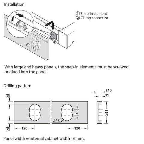 DressCode Adapter for Customised Wooden Panel Area of application: For connecting the pull out frame with self-manufactured wooden panels Material: Plastic Finish: White Installation: For plug fitting without tools Supplied With: 2 Snap-in Elements2 Clamp
