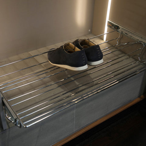 Starax Pull-out Shoe Rack Area of application: Pull-out shoe rack, full extension Material: Steel Finish: Chrome polished Capacity: 45 kg Carcase width: 450 mm600 mm900 mm Depth: 130 mm Dimensions (D x W): 130 x 450 mm130 x 600 mm130 x 900 mm Basket Dimen
