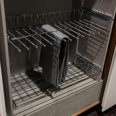 Starax Pull-out Trouser Rack Area of application: Pull-out trouser rack, full extension Material: Steel Finish: Chrome polished Capacity: 45 kg Carcase width: 450 mm900 mm Depth: 100 mm Dimensions (D x W): 100 x 450 mm100 x 900 mm Note: 450 rack includes