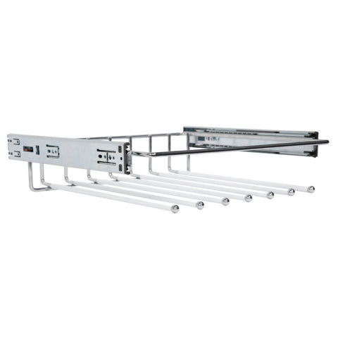 Starax Pull-out Trouser Rack Area of application: Pull-out trouser rack, full extension Material: Steel Finish: Chrome polished Capacity: 45 kg Carcase width: 450 mm900 mm Depth: 100 mm Dimensions (D x W): 100 x 450 mm100 x 900 mm Note: 450 rack includes