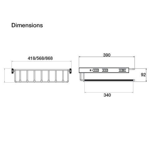 Starax Pull-out Trouser Rack Area of application: Pull-out trouser rack, full extension Material: Steel Finish: Chrome polished Capacity: 45 kg Carcase width: 450 mm900 mm Depth: 100 mm Dimensions (D x W): 100 x 450 mm100 x 900 mm Note: 450 rack includes