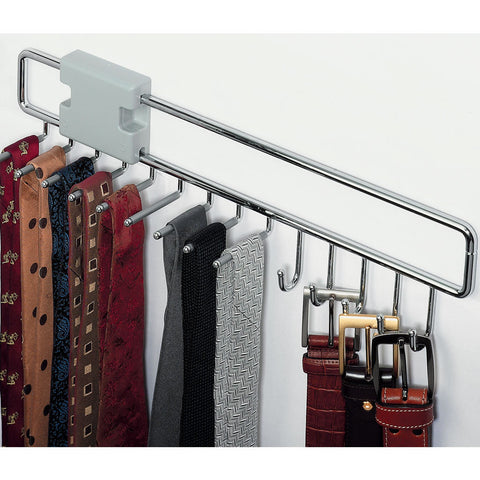Extending Tie And Belt Rack Material: Extension: SteelMounting block and spacer: Plastic Finish: Wire parts: Chrome plated polishedMounting block and spacer: Silver Version: 5 Hooks9 Non-slip rails Dimensions (W x D x H): 74 x 455 x 118 mm Hafele