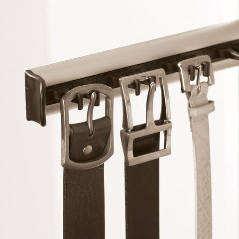 Belt Rack 3/4 Extension Slide Material: Support track: AluminiumHooks: Plastic Finish: Support track: Chrome plated polished or Aluminium mattHooks: Black Version: For 6 belts Dimensions (W x D x H): 358 x 56 x 43 mm Support: User Manual/Installation Inst