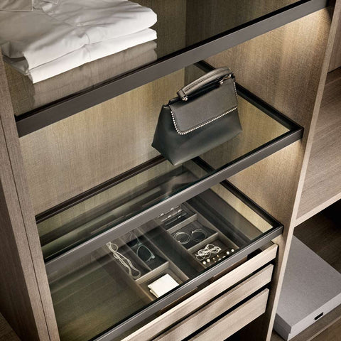 Glass Shelf Frame Brown Finish: Anodised aluminium bronze Suitable for: Glass or solid shelf (not supplied)Wardrobe rail can be fitted Height: 52mm Carcase Width: 600 or 900mm Supplied with: Fixing material Note: Loox LED lighting not supplied and can be