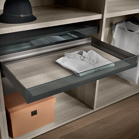 Night 3 Sided Drawer with Glass Features: 30kg full extension soft close slidesAssembled 3 sided drawer Finish: Anodised bronze Carcase width: 600 or 900mm Height: 52,78 or 128 Supplied with: Glass Front Note: Base not included dden="true" class="fa fa-an