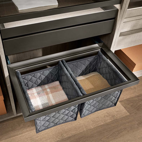 Night Hamper Pull Out Features: 30kg full extension soft close runnerAssembled 4 sided drawer Finish: Anodised bronze Height: 352mm Carcase Width: 600 or 900mm Supplied with: Quilted Hamper Hafele