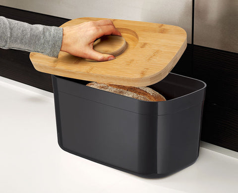 Bread Bin with Bamboo Lid Keep all your bread, rolls and pastries fresher for longer in this stylish bread bin, with a specially designed bamboo lid that doubles as a cutting board for chopping up your bread. Easy-clean storage bin with non-slip base Reve