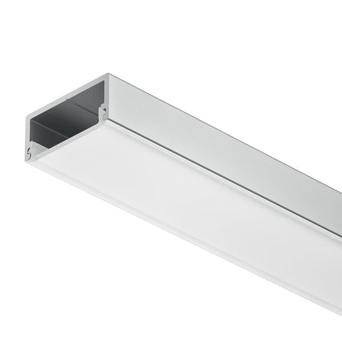 Aluminium Profile for Surface Mounted Strip Lights Material: Aluminium Finish/colour: Silver Coloured Anodised Cover: Milky The material is dyed. Creates a homogeneous surfacedirected light with uniform intensity. The light appears “softâ€? Length (mm): 2