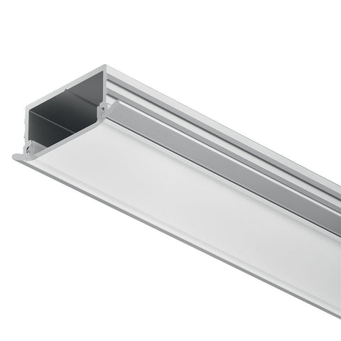 Aluminium Profile for Recess Mounting Material: Aluminium Finish/colour: Silver Coloured Anodised Cover: Milky The material is dyed. Creates a homogeneous surfacedirected light with uniform intensity. The light appears “softâ€? Length (mm): 2,500 Width (m