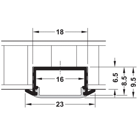Aluminium Profile for Recess Mounting Material: Aluminium Finish/colour: Silver Coloured Anodised Cover: Milky The material is dyed. Creates a homogeneous surfacedirected light with uniform intensity. The light appears “softâ€? Length (mm): 2,500 Width (m