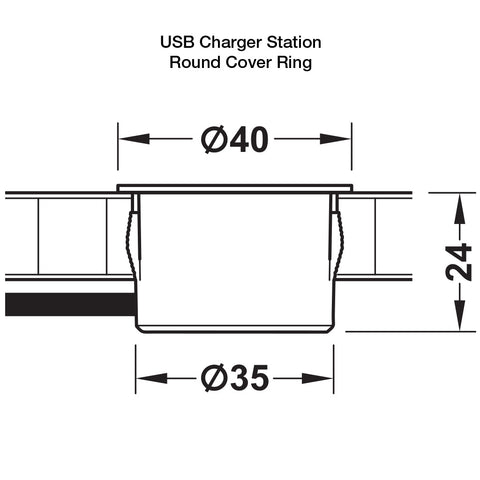 USB Charger Station Cover Ring: Round or Square Material/ Finish: Plastic, Matt BlackPlastic, Matt Nickel Plated Installation: For mounting in drilled hole, for clamp fixing Drill hole Ø: 35 mm Output voltage: 5 V Output Current: 2 A Power Consumption: 3M
