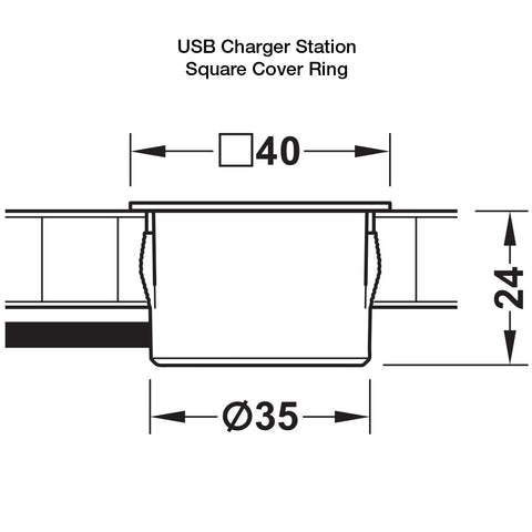 USB Charger Station Cover Ring: Round or Square Material/ Finish: Plastic, Matt BlackPlastic, Matt Nickel Plated Installation: For mounting in drilled hole, for clamp fixing Drill hole Ø: 35 mm Output voltage: 5 V Output Current: 2 A Power Consumption: 3M
