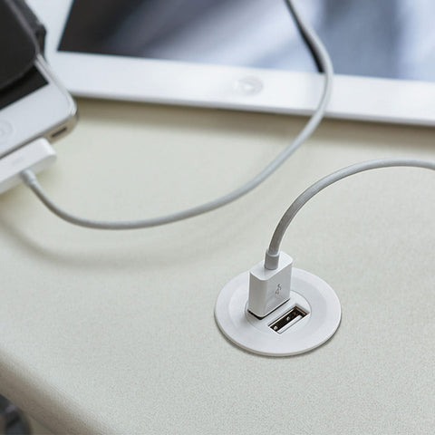 USB Charger Station Cover Ring: Round or Square Material/ Finish: Plastic, Matt BlackPlastic, Matt Nickel Plated Installation: For mounting in drilled hole, for clamp fixing Drill hole Ø: 35 mm Output voltage: 5 V Output Current: 2 A Power Consumption: 3M