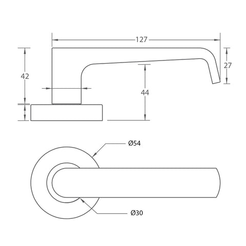 Torquay Lever Handle Features: Solid stainless steel handleStainless steel rose cover and diecast baseConcealed through-bolt rose fixing Press fit rose cover Finish: Satin stainless steelPolished stainless steelSatin brassGraphite black Door thickness: Pa