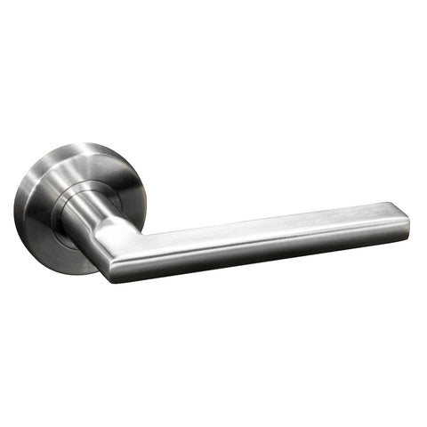 Bronte Lever Handle Features: Solid stainless steel handleStainless steel rose cover and diecast baseConcealed through-bolt rose fixing Press fit rose cover Finish: Satin stainless steelGraphite black Door thickness: Passage 32 - 50Privacy 32 - 42 Spindle