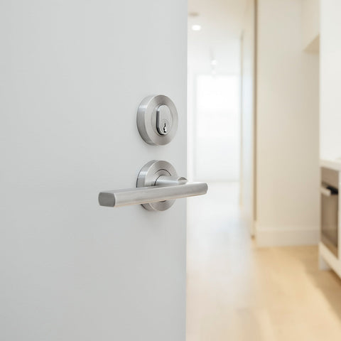 Bronte Lever Handle Features: Solid stainless steel handleStainless steel rose cover and diecast baseConcealed through-bolt rose fixing Press fit rose cover Finish: Satin stainless steelGraphite black Door thickness: Passage 32 - 50Privacy 32 - 42 Spindle