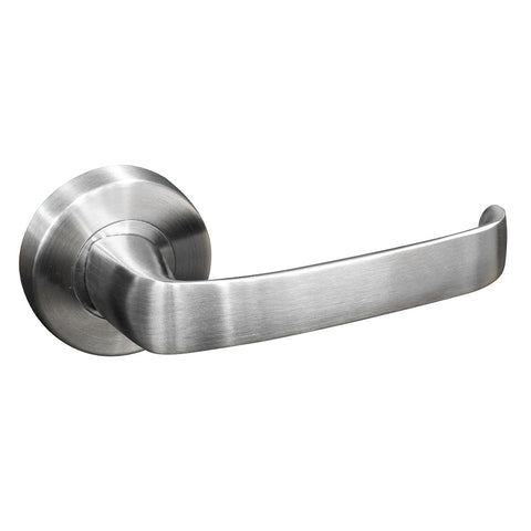 Noosa Lever Handle. Features: Solid stainless steel handleStainless steel rose cover and diecast baseConcealed through-bolt rose fixing Press fit rose cover Finish: Satin stainless steel Door thickness: Passage 32 - 50Privacy 32 - 42 Spindle: Ø7.6 Centre: