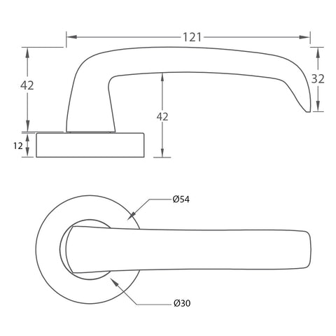 Noosa Lever Handle. Features: Solid stainless steel handleStainless steel rose cover and diecast baseConcealed through-bolt rose fixing Press fit rose cover Finish: Satin stainless steel Door thickness: Passage 32 - 50Privacy 32 - 42 Spindle: Ø7.6 Centre: