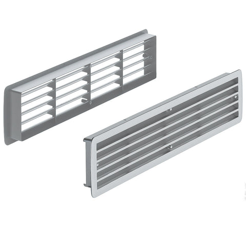 Ventilation Grill - Black or White Version: 2-piece, louvre type concealed ventilation slots Material: Plastic Finish: WhiteBlack Visible Dimensions(L x W): 457 x 92 mm Cut Out Dimensions(L x W): 433 x 77 mm Ventilation: 200 cm2 Door thickness: 35-40 mm N