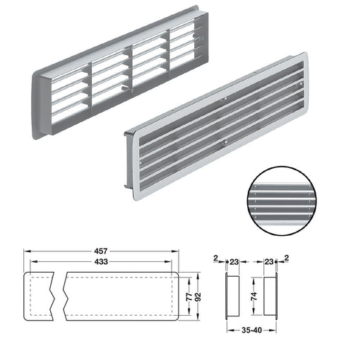 Ventilation Grill - Black or White Version: 2-piece, louvre type concealed ventilation slots Material: Plastic Finish: WhiteBlack Visible Dimensions(L x W): 457 x 92 mm Cut Out Dimensions(L x W): 433 x 77 mm Ventilation: 200 cm2 Door thickness: 35-40 mm N