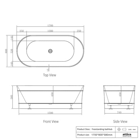 Bondi Freestanding Bath 1700mm Gloss White