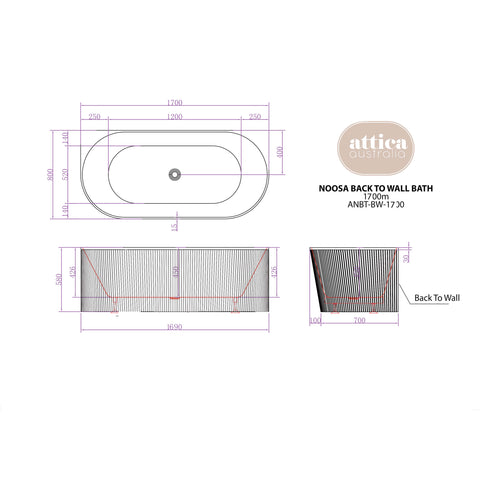 Noosa Back to Wall Multi Fit Bath 1700mm Matt White
