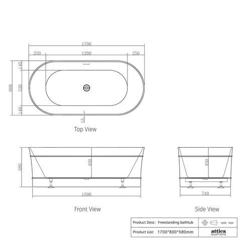 ATTICA BONDI Freestanding 1700mm Overflow Bathtub - Matte White