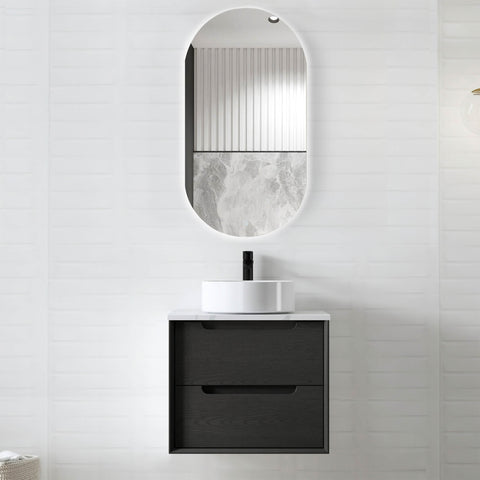 Byron Black Oak Single Basin Vanity Vanity Otti Australia 600mm Natural Carrara White Marble-18mm Above Counter