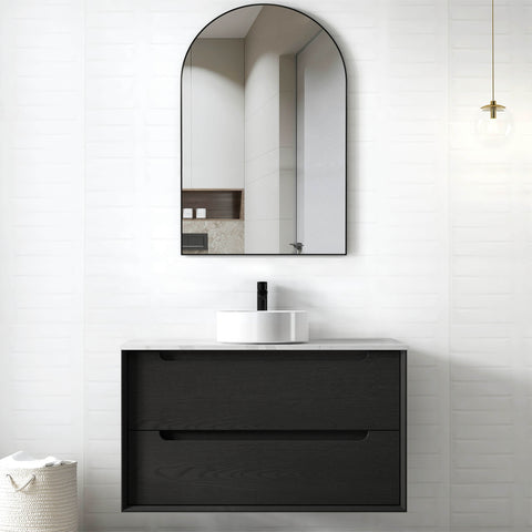 Byron Black Oak Single Basin Vanity Vanity Otti Australia 900mm Natural Carrara White Marble-18mm Above Counter