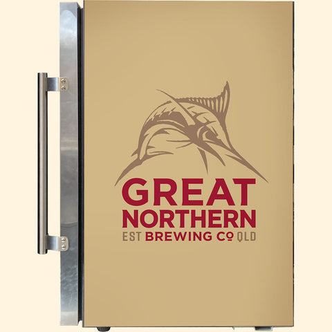 Great Northern Gold Tropical Glass Door Fridge - 80 Cans Right Hinge Model EC68-SSH-GOLD