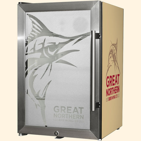 Great Northern Gold Tropical Glass Door Fridge - 80 Cans Left Hinge Model EC68L-SSH-GOLD