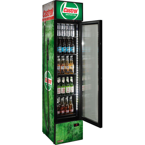 Castrol Fuel Pump Branded Skinny Upright Bar Fridge - Model SS-P160-FP-CASTROL