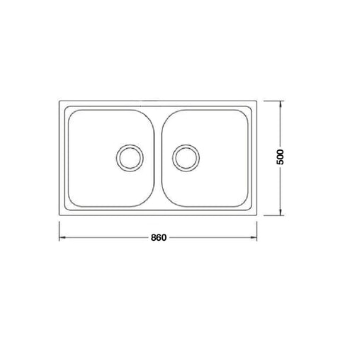 Quartz Double Bowl Sink Features: Double bowlPush/pull plug waste connectionsTop and under mount installationImpact, stain and heat resistant Material: 80% Quartz15% Acrylic Finish: Black OnyxWhite Alpina Dimensions (L x W x D): 860 x 500 x 205mm Bowl siz