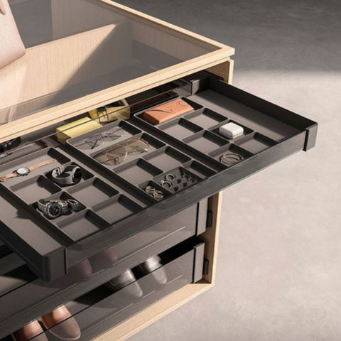 Conero Pull Out Drawer with Flock Inserts 72H Finish: Black / Grey Internal Depth: 475mm Supplied with: 1 x pair of 72mm high sides2 x tinted safety glass panels1 x pair of undermount runnersFlock Trays: 1 x interior flock base1 x jewellery & ring tray1*/