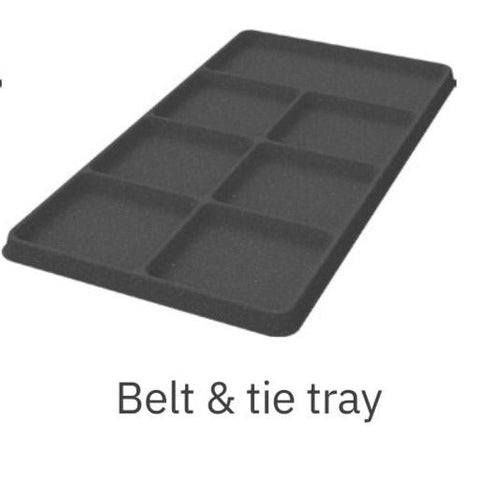 Conero Pull Out Drawer with Flock Inserts 72H Finish: Black / Grey Internal Depth: 475mm Supplied with: 1 x pair of 72mm high sides2 x tinted safety glass panels1 x pair of undermount runnersFlock Trays: 1 x interior flock base1 x jewellery & ring tray1*/