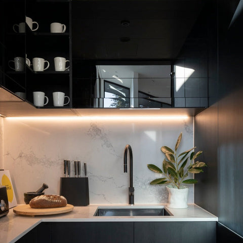LED Striplight Kit Warm White Features: LED Striplight 3042 kit for recess mountingZinc alloy profile>50,000h lifetimeSelf adhesive mounting of LED stripA+ energy efficiencyIP20 degree of protection Colour temperature: 2700k warm white Profile width (mm):