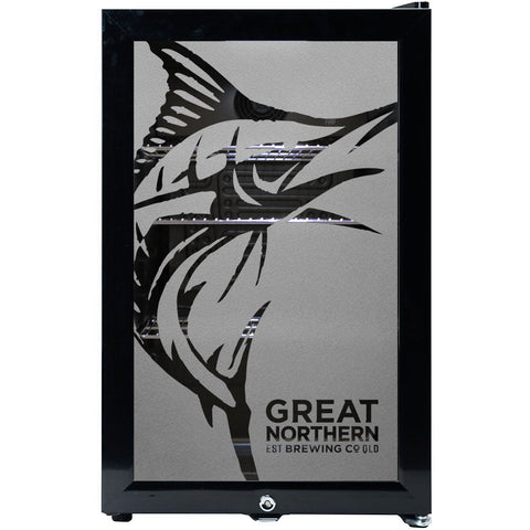 Great Northern Branded Glass Door Bar Fridge With Cool Frosted Door Logo - Model SC70-B-GNBC-GOLD