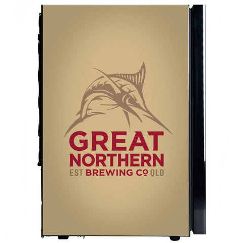 Great Northern Branded Glass Door Bar Fridge With Cool Frosted Door Logo - Model SC70-B-GNBC-GOLD