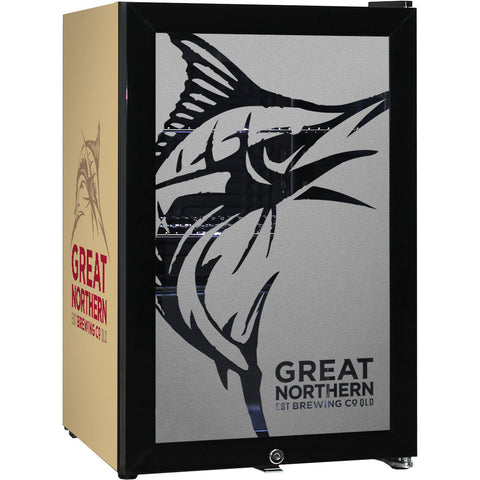 Great Northern Branded Glass Door Bar Fridge With Cool Frosted Door Logo - Model SC70-B-GNBC-GOLD