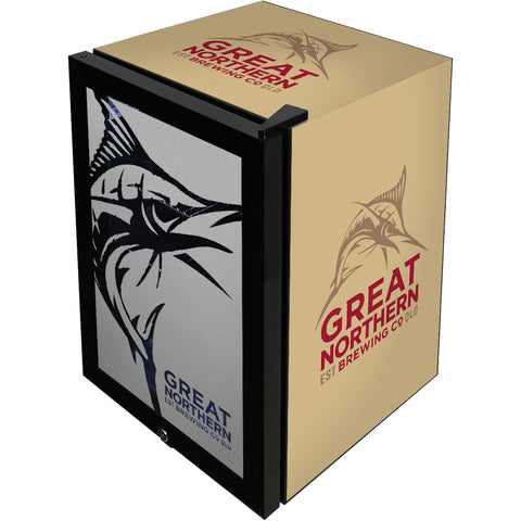 Great Northern Branded Glass Door Bar Fridge With Cool Frosted Door Logo - Model SC70-B-GNBC-GOLD