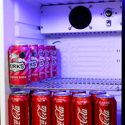 VB Tropical Glass Door Mini Bar Fridge Chromed Adjustable Shelves Blue Led Light And Holds 80 Cans EC68L-SSH-VB-V1