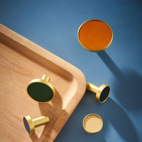 Kara Solid Brass & Leather Knob | Gold & Green