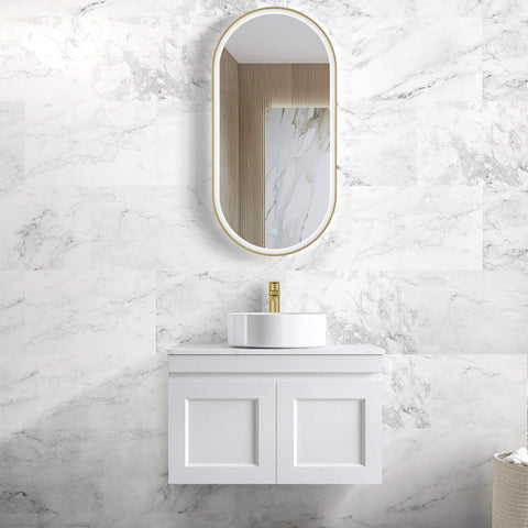 Hampton MKII Matte White Single Basin Vanity Vanity Otti Australia 750mm Quartz Stone Pure White-20mm Above Counter