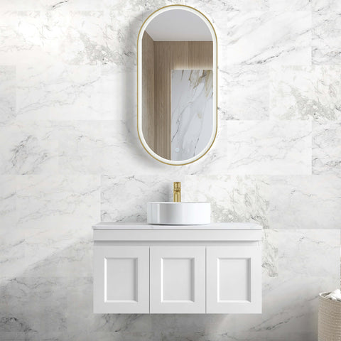 Hampton MKII Matte White Single Basin Vanity Vanity Otti Australia 900mm Quartz Stone Pure White-20mm Above Counter