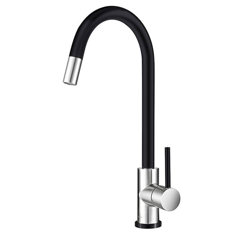 Hafele Mixer Tap Two Tone Black & Stainless Steel Style: Gooseneck Material: Stainless steel Colour: PVD Black and stainless steel Features: Brushed finish6 Star WELS Water Rating (4.5L/min)Ceramic cartridge typePull out spray hose Dimensions: Spout heigh